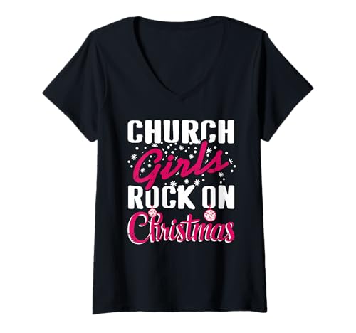Damen Kirchenmädchen rocken zu Weihnachten T-Shirt mit V-Ausschnitt Damen Kirchenmädchen rocken zu Weihnachten T-Shirt mit V-Ausschnitt von Glaubensbotschaft für starke Frauen