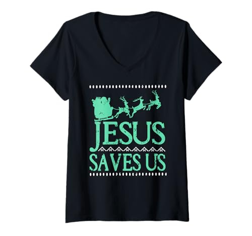 Damen Jesus rettet Uns lustiger Weihnachtspulli mit Glaube T-Shirt mit V-Ausschnitt Damen Jesus rettet Uns lustiger Weihnachtspulli mit Glaube T-Shirt mit V-Ausschnitt von Glaubenshumor für festliche Kirchgänger