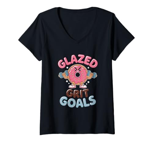 Damen Motivierender Donut mit glasierter Körnung T-Shirt mit V-Ausschnitt Damen Motivierender Donut mit glasierter Körnung T-Shirt mit V-Ausschnitt von Glazed Fitness Motivation Doughnut