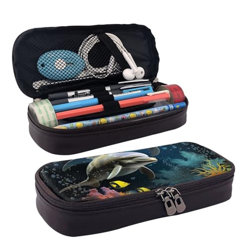 GlbnSHeric Federmäppchen, einziehbar, Motiv: Seerose und Libelle, Schreibwarenetui mit Reißverschluss, Stifthalter, ästhetisches Federmäppchen für Büroarbeit, 9 × 20 cm, Zwei Delfine und Fische, von GlbnSHeric