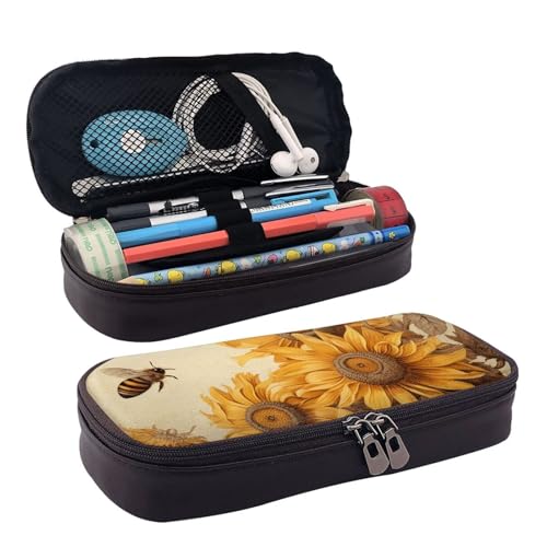 GlbnSHeric Federmäppchen, einziehbar, Vogel stehend auf Schweinekopf, Stifttasche, Schreibwarenetui mit Reißverschluss, Stifthalter, ästhetische Federmäppchen für Büroarbeit, 9 × 20 cm, Sonnenblumen von GlbnSHeric
