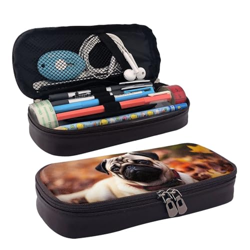 GlbnSHeric Federmäppchen, einziehbar, gelbe Blumen und Vögel, Stiftetasche, Schreibwarenetui mit Reißverschluss, Stifthalter, ästhetische Federmäppchen für Büroarbeit, 9 × 20 cm, Herbstlaub-Mops-Hund, von GlbnSHeric