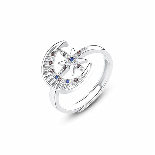 Valentinstag S925 Sterling Silber mit buntem Zirkon Stern Mond Ring Öffnung Verstellbarer Ring Frauen Jubiläumsschmuck von GleaMora