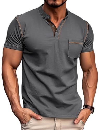 Gleam Ledra Herren Henley Shirt Kurzarm Baumwolle Büro Freizeit Knopfleiste Basic T Shirts Hemd mit Brusttasche, 007 Dunkelgrau L von Gleam Ledra
