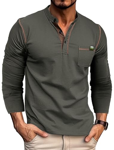 Gleam Ledra Herren Henley Shirt Langarm Baumwolle Büro Freizeit Knopfleiste Basic T Shirts Hemd mit Brusttasche, B Dunkelgrau XL von Gleam Ledra