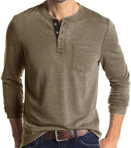 Gleam Ledra Herren Henley Shirt Langarm Sommer Basic Slim Fit Brusttasche Baumwolle Modisches Männer T-Shirts Hemd, A Khaki XL von Gleam Ledra