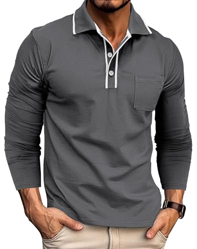 Gleam Ledra Poloshirt Herren Langarm Klassisches Baumwollmix Golfshirt Polohemd mit Knopfleiste 024 Dunkelgrau 3XL von Gleam Ledra