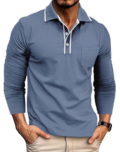 Gleam Ledra Poloshirt Herren Langarm Klassisches Baumwollmix Golfshirt Polohemd mit Knopfleiste 024 Jeansblau XXL von Gleam Ledra