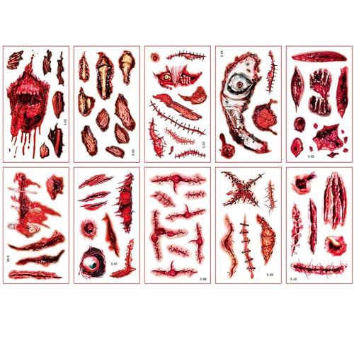 Gleemix Halloween Tattoos Narben, 10 Blatt Halloween Tattoo Gesicht, Wasserdicht Wunden Stickers, Zombie Scars Tattoos Aufkleber, Gruselig Make up Requisiten (S-Serie) von Gleemix