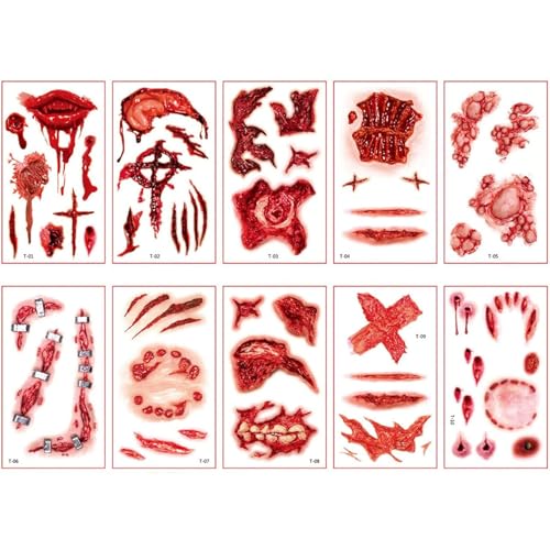 Gleemix Halloween Tattoos Narben, 10 Blatt Halloween Tattoo Gesicht, Wasserdicht Wunden Stickers, Zombie Scars Tattoos Aufkleber, Gruselig Make up Requisiten (T-Serie) von Gleemix