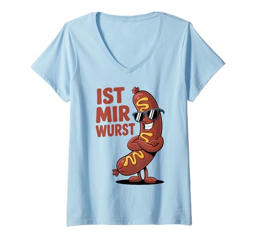 Damen Lustiger Ist Mir Wurst Spruch mit Cooler Cartoon-Wurst Figur T-Shirt mit V-Ausschnitt Damen Lustiger Ist Mir Wurst Spruch mit Cooler Cartoon-Wurst Figur T-Shirt mit V-Ausschnitt von Gleichgültigkeitsspruch für entspannte Leute