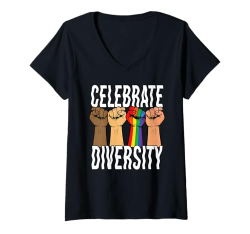 Damen Feiere Vielfalt LGBTQ+ Gleichheit Regenbogenfaust Stolz T-Shirt mit V-Ausschnitt Damen Feiere Vielfalt LGBTQ+ Gleichheit Regenbogenfaust Stolz T-Shirt mit V-Ausschnitt von Gleichheit & Stolz Bekleidungs Designs