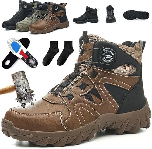 Glemall Arbeitsschuhe Herren Sicherheitsstiefel S3 Sicherheitsschuhe Mit Stahlkappe Wasserdicht Hoch Sicherheitsstiefel rutschfest Arbeitsstiefel Drehknopf Leicht (Braun,44) von Glemall