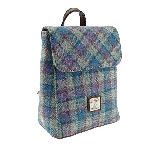 Glen Appin Echter Schottischer Harris Tweed Rucksack Tummel in mehrfarbigem Schottenkaro, Blau/Violett kariert auf Grau – Col98, One size von Glen Appin