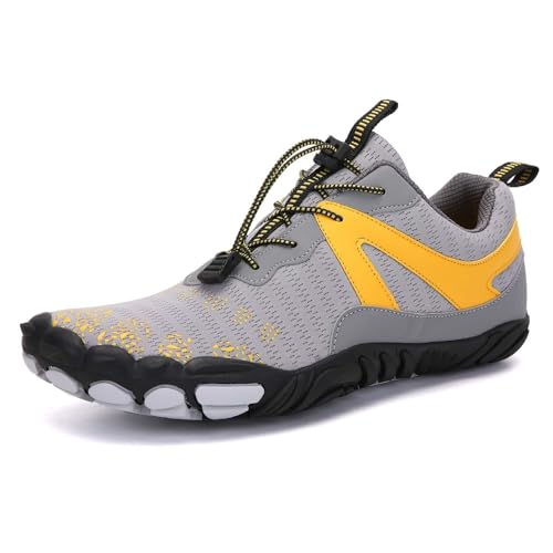 Glenmi Barfußschuhe, atmungsaktiv, Unisex, Wasserschuhe, Herren und Damen, FiveFingers-Schuhe mit breiter Zehenbox, rutschfeste Strick-Sneaker, Unisex-Trail-Laufschuhe(Color:Gray,Size:43 EU) von Glenmi