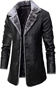 Glenmi Herren Ledermantel Vintage Wintermantel Lange Kunstlederjacke Schwarz Braun Dicke Trenchcoat Winter Jacke Herrenmantel Mit Fellkragen Business Kurzmantel (Color : Black, Size : S) von Glenmi