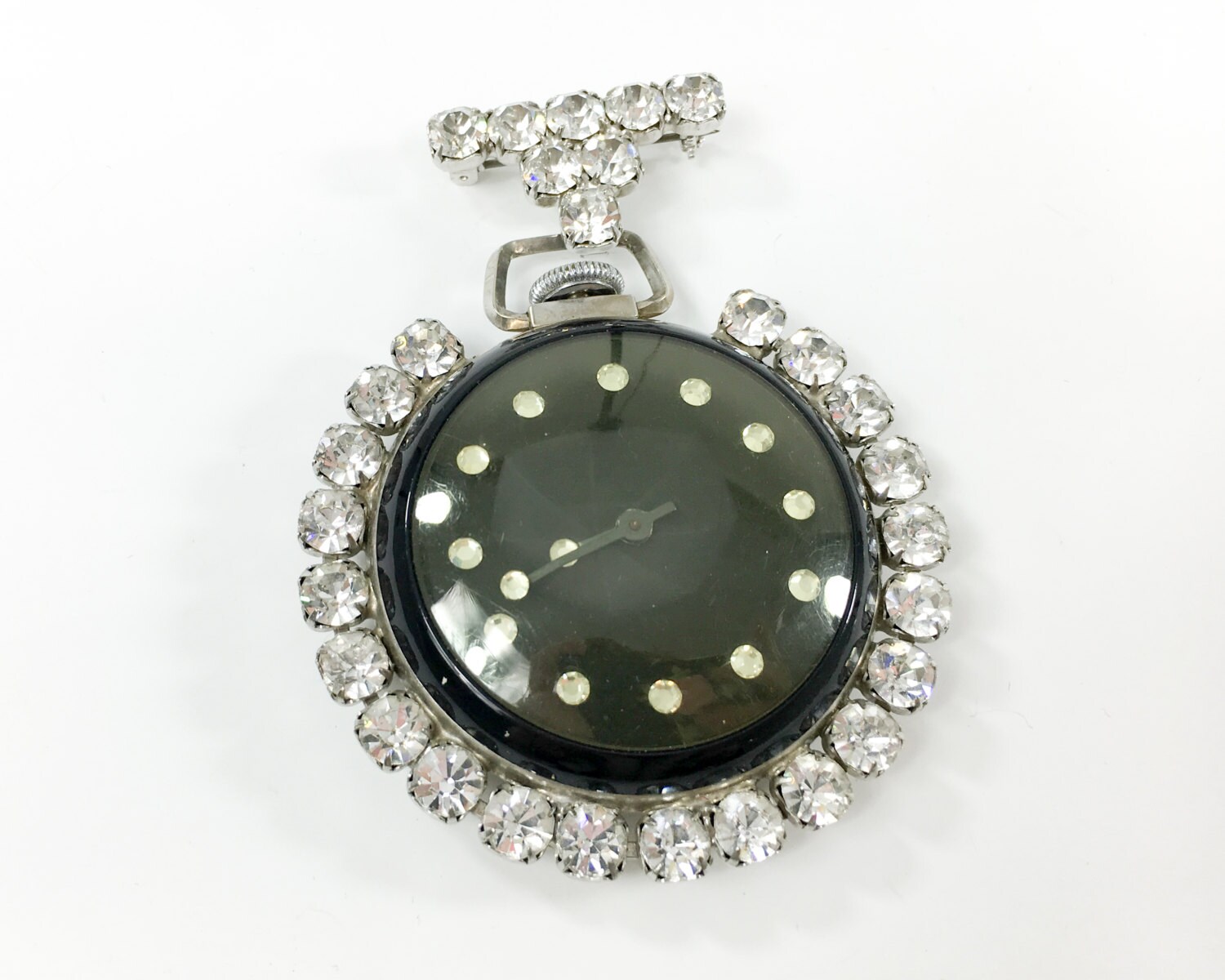 1950Er Jahre Schwarze Taschenuhr Brosche | 50Er Schwarz Emaille & Strass Pin Große von GlennasJewels
