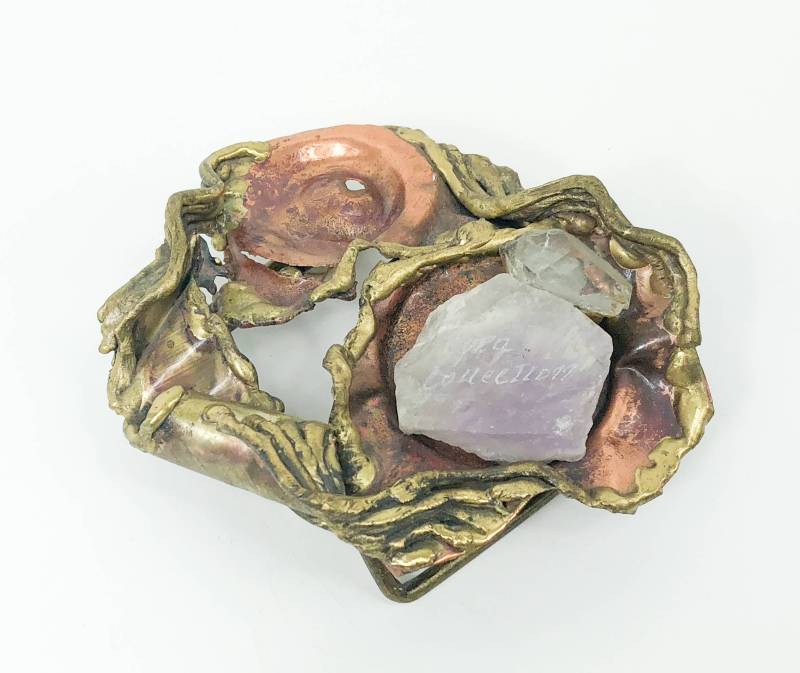 1980Er Jahre Brutalist Messing Gürtelschnalle | 80Er Quartz Kristall Kupfer Tragbare Kunstsammlung von GlennasJewels