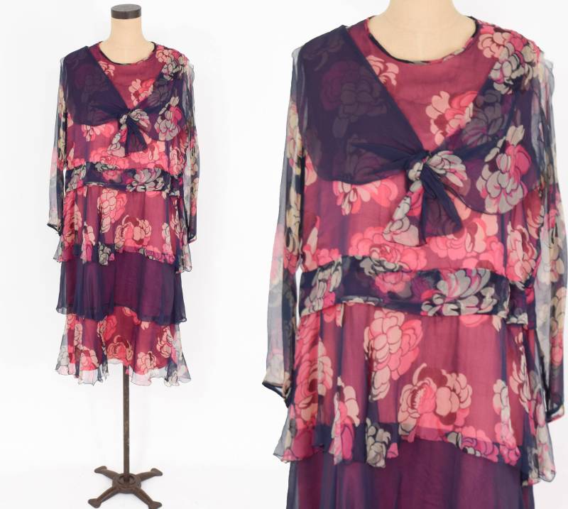 1900Er Jahre Navy & Red Floral Layered Kleid | Blümchen Seiden-Chiffon-Kleid Groß von GlennasVintageShop