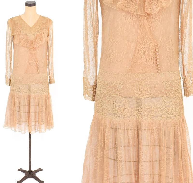 1920Er Jahre Beiges Spitzenkleid | 20Er Seiden & Spitze Kleid Brautkleid Klein von GlennasVintageShop