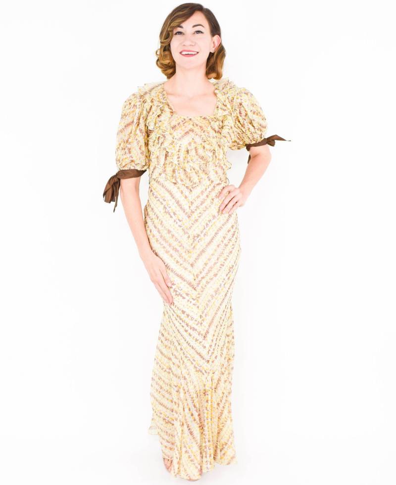 1930Er Jahre Beiges Blumen Print Kleid | 30Er Beige Organza Langes Klein von GlennasVintageShop