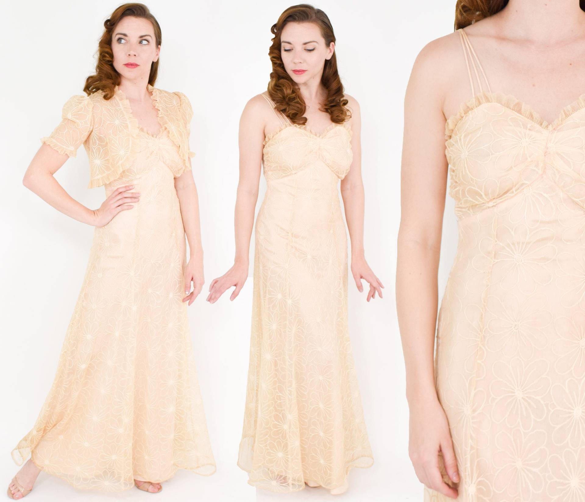 1930Er Jahre Beiges Spitzenkleid & Bolero | 30Er Beigefarbenes Abendkleid Mit Spitze Hochzeit Klein von GlennasVintageShop