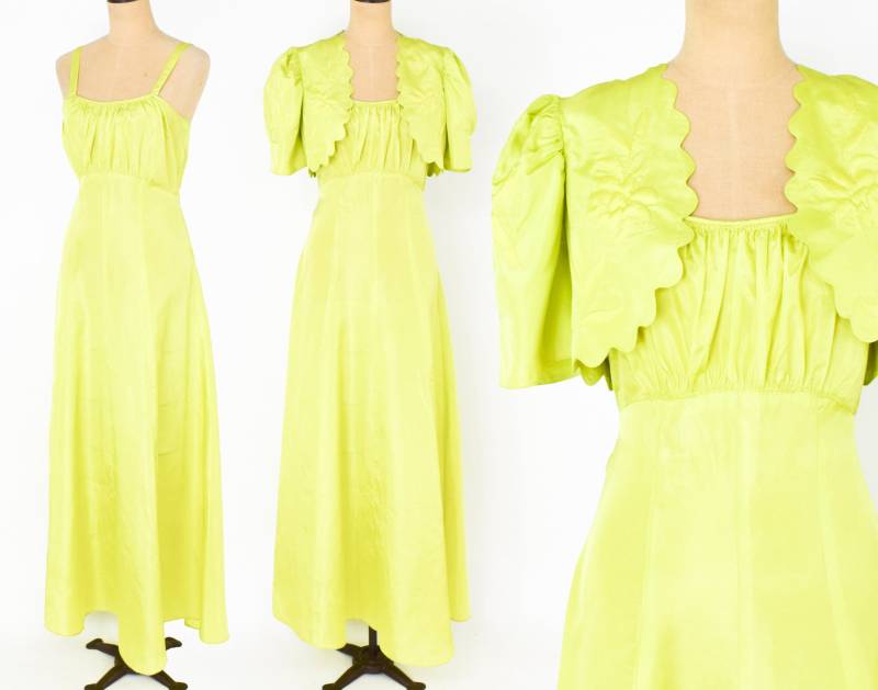 1930Er Jahre Gelbes Citron Abendkleid Set | 30Er Vintage Kleid & Bolero Trapunto Jacke Klein von GlennasVintageShop