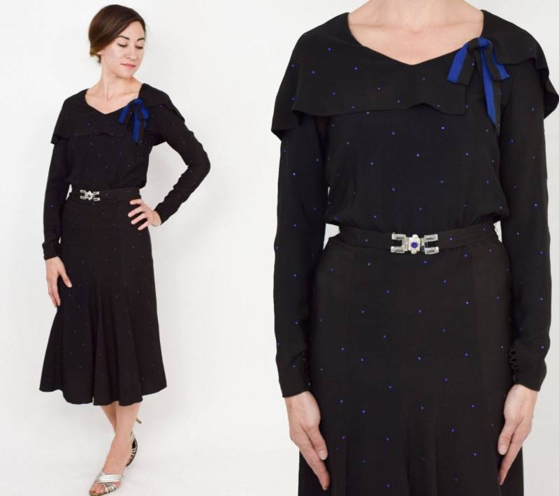 1930Er Jahre Schwarzes Seidenkleid | 30Er Kleid Aus Seidenkrepp & Strass Klein von GlennasVintageShop