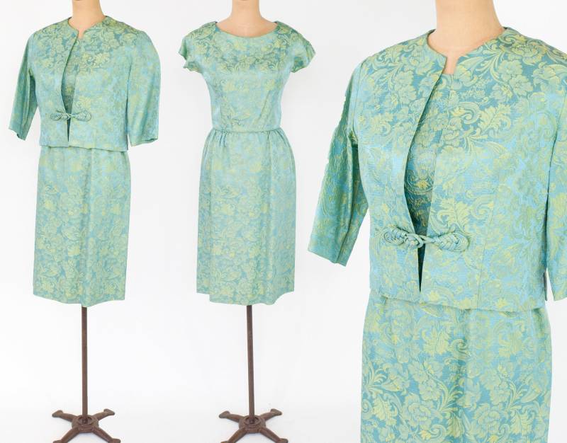 1950Er Jahre Brokat Jacke Set, Türkis | 50Er Blau Gold Etuikleider Set R&k Originals Mittel von GlennasVintageShop