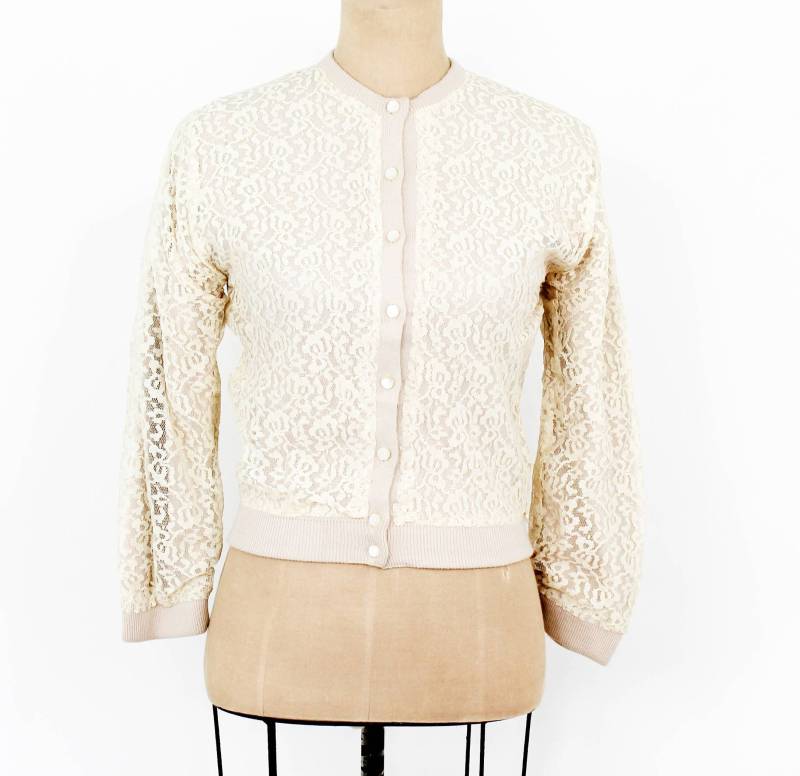 1950Er Jahre Creme Spitzen Strickjacke | 50Er Orlon Acryl Ste. Laurent Klein von GlennasVintageShop