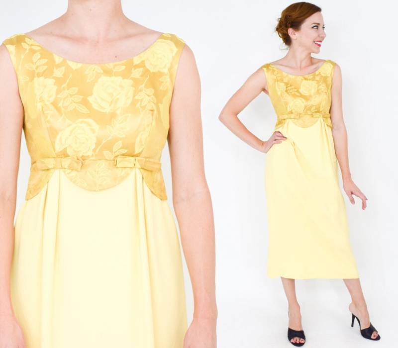 1950Er Jahre Gelbes Crepe Abendkleid | 50Er Zitronen Gelb & Brokat Kleid Klein von GlennasVintageShop
