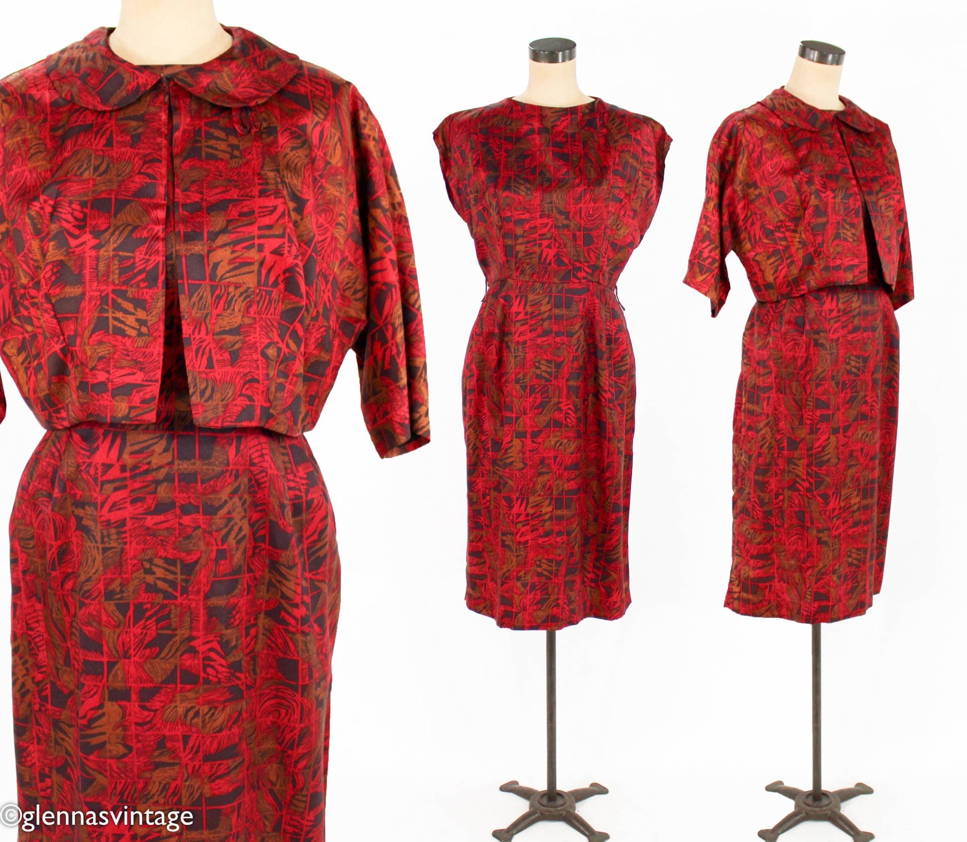 1950Er Jahre Rotes Tiki Print Kleid & Jacke Im Set | 50Er Rotes Etuikleid Groß von GlennasVintageShop