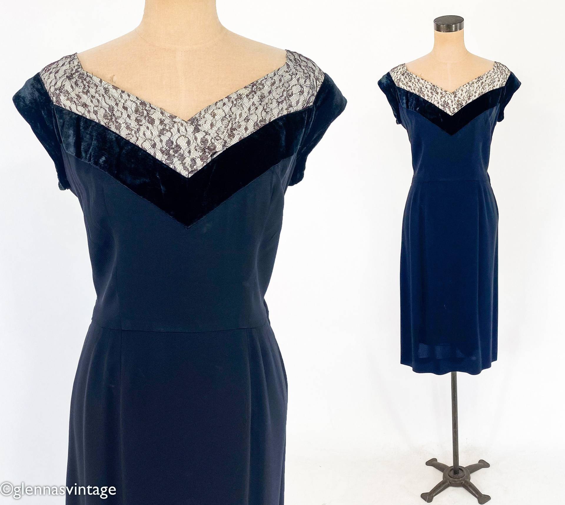 1950Er Jahre Schwarzes Cocktailkleid | 50Er Schwarzes Crepe & Spitze Etuikleid Le Vine Ausgefallene Mittel von GlennasVintageShop