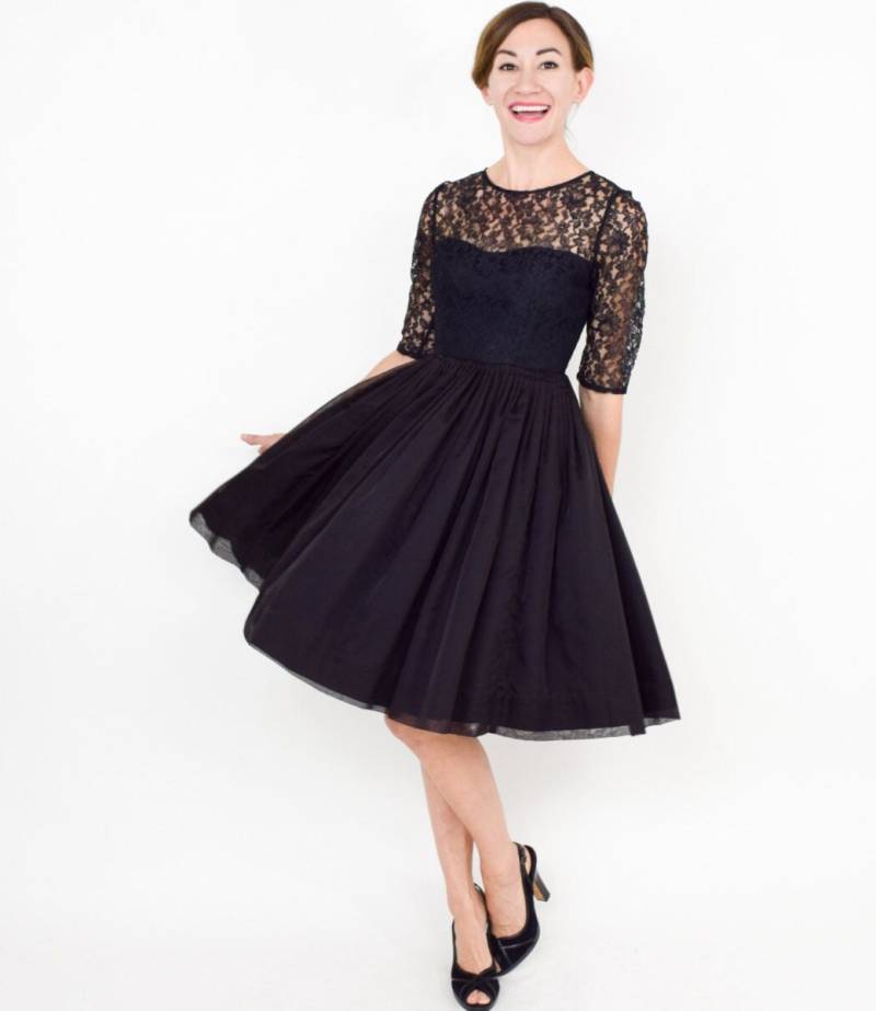 1950Er Jahre Schwarzes Spitzenkleid | 50Er Organza Cocktailkleid Extraklein von GlennasVintageShop