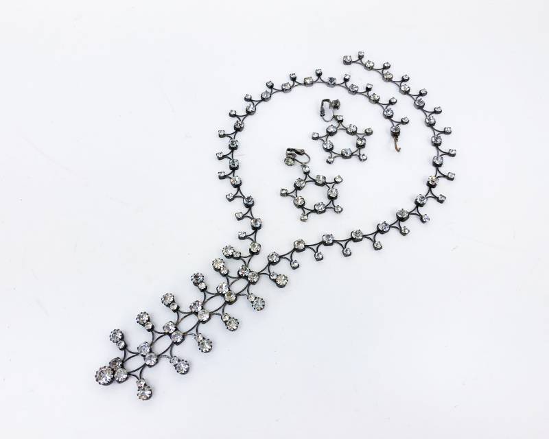 1950Er Jahre Strass Anhänger Halsketten Set | 50Er Filigrane Halskette & Ohrring Abend Schmuck von GlennasVintageShop
