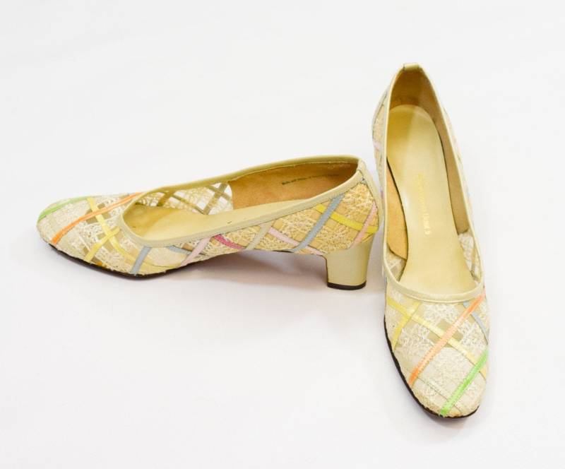 1960Er Creme Karierte Pumps | 60S Karo Low Heels Jack Rogers Us 7 Eu 37-38 Uk5 von GlennasVintageShop