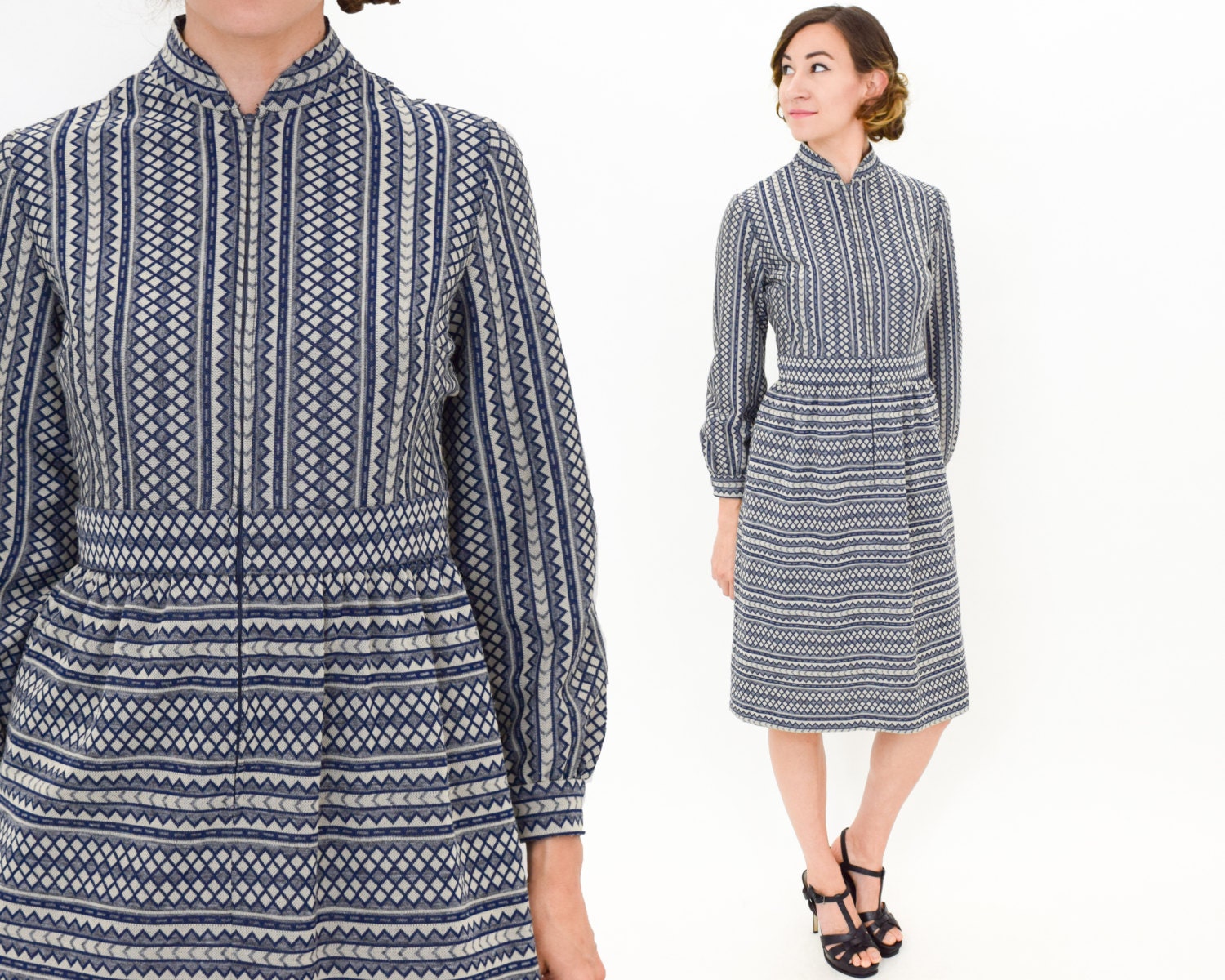 1960Er Jahre Gestreiftes Kleid | 60Er Blau & Grau Strick Leslie Fay Strickt Mittel von GlennasVintageShop