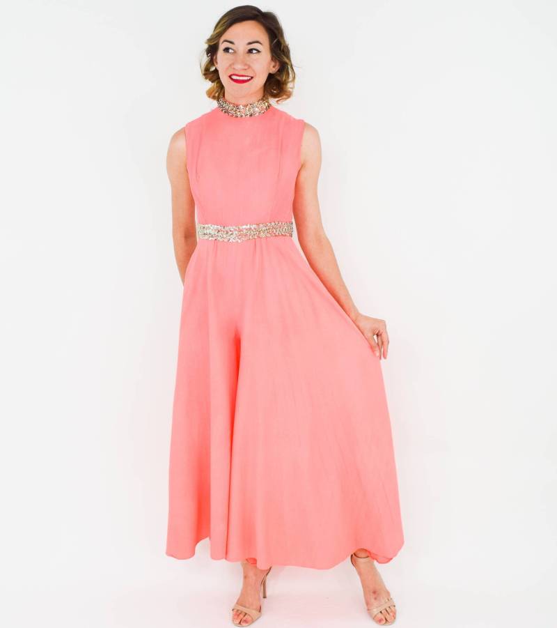 1960Er Jahre Korall Crepe Palazzo Jumpsuit | 60Er Oranges Maxi Kleid Klein von GlennasVintageShop