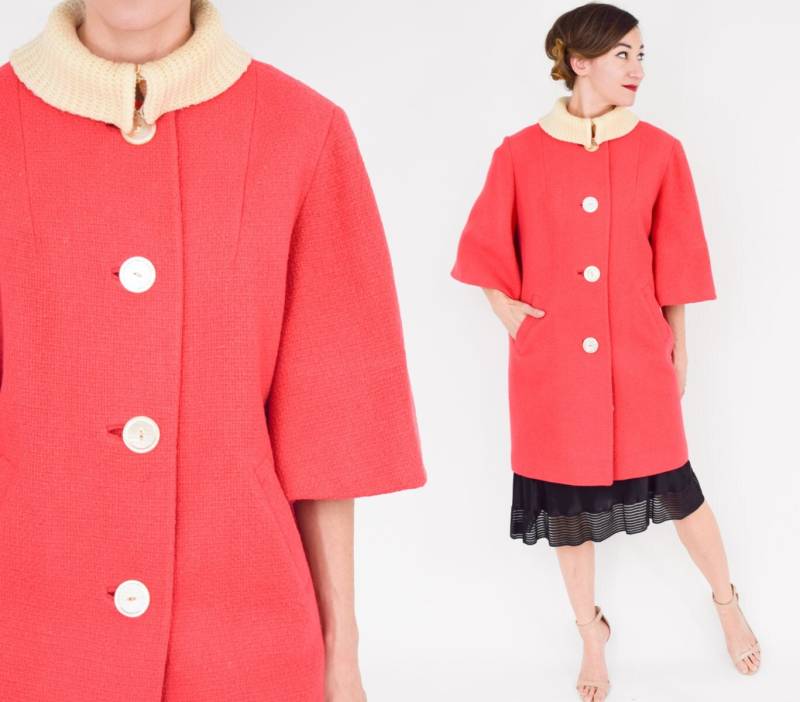 1960Er Jahre Koralle Wollmantel | 60Er Rot Gewebte Wolle Auto-Mantel Betty-Rose Groß von GlennasVintageShop