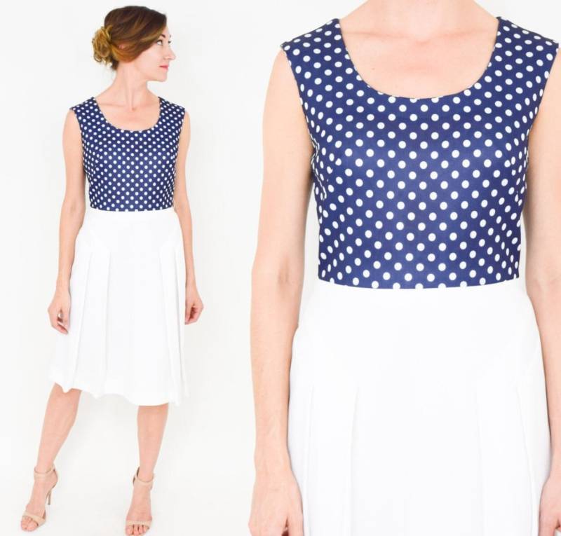1960Er Jahre Navy & White Polka Dot Kleid | 50Er Weißes Polyester Plissees Ärmelloses Alfred Werber Klein von GlennasVintageShop