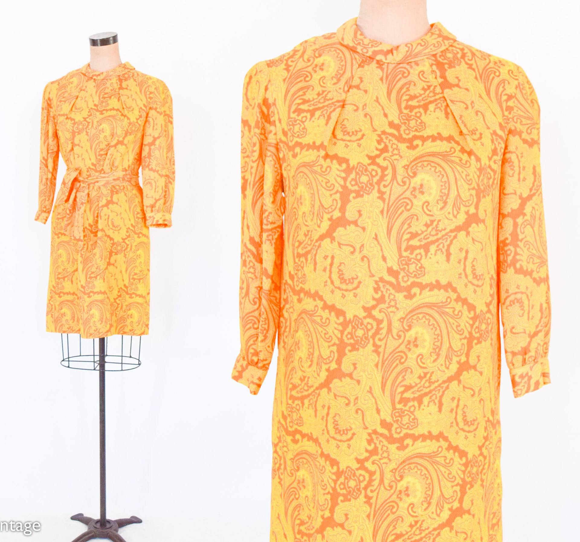 1960Er Jahre Orange Gelbes Bedrucktes Kleid | 60Er Gelb & Nylon Print Shift Twiggy Mittel von GlennasVintageShop