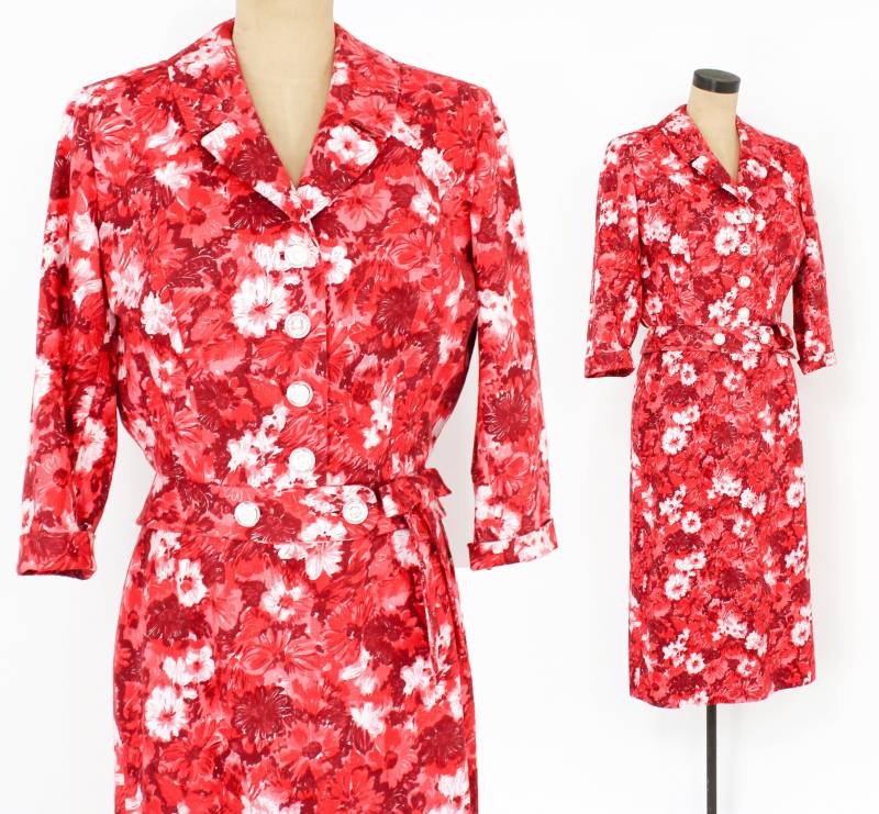 1960Er Jahre Rot Geblümter Baumwollanzug | 60Er Roter Blumenrock & Jacke Im Set Beste Bekleidung Mittel von GlennasVintageShop