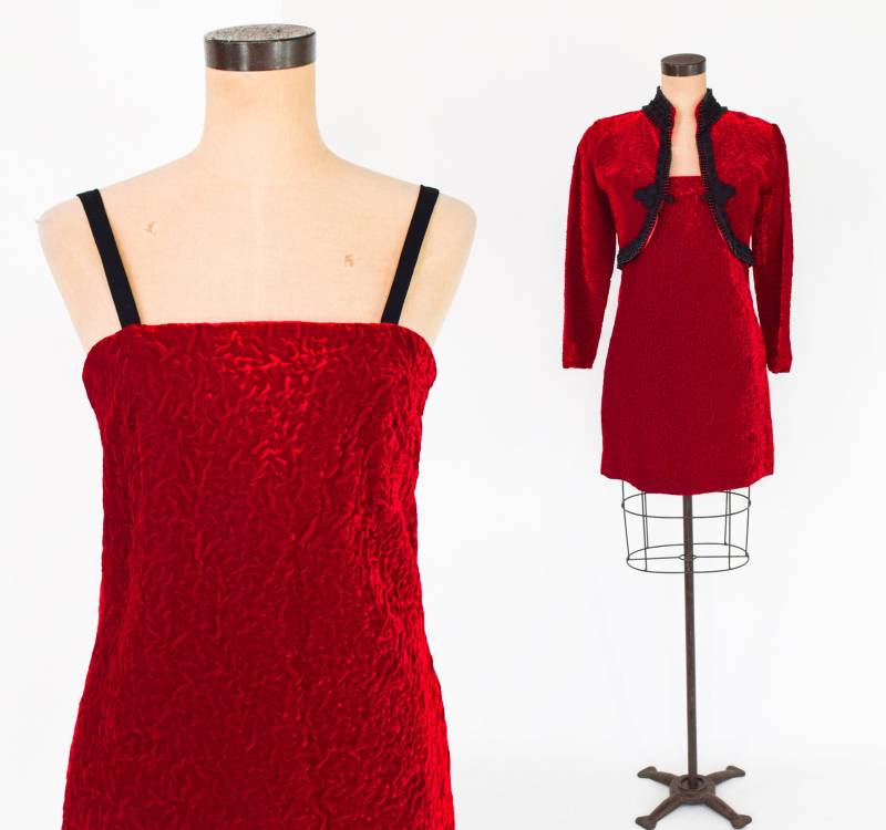 1960Er Jahre Rotes Samt-Kleid & Jacke | 60Er Rote Samt Minikleid-Jacke Aus Baumwolle Klein von GlennasVintageShop