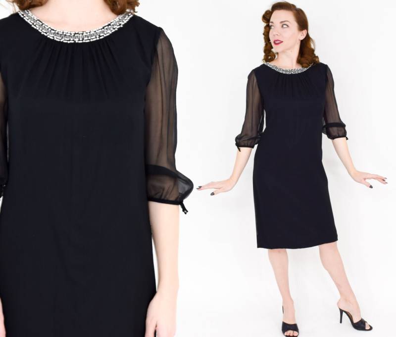 1960Er Jahre Schwarzes Crepe Party Kleid | 60Er Schwarzes Chiffon Cocktail Leslie Fay Ausgefallene Klein von GlennasVintageShop