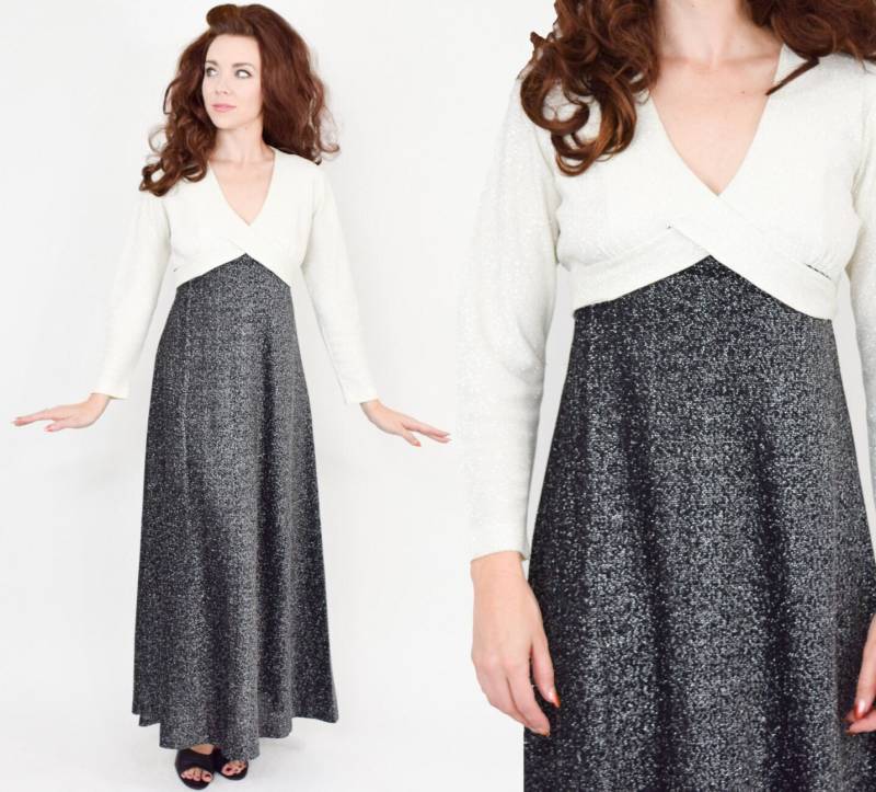 1970S Metallic Maxikleid Schwarz-Weißes Abendkleid, Sears Fashion | Medium von GlennasVintageShop