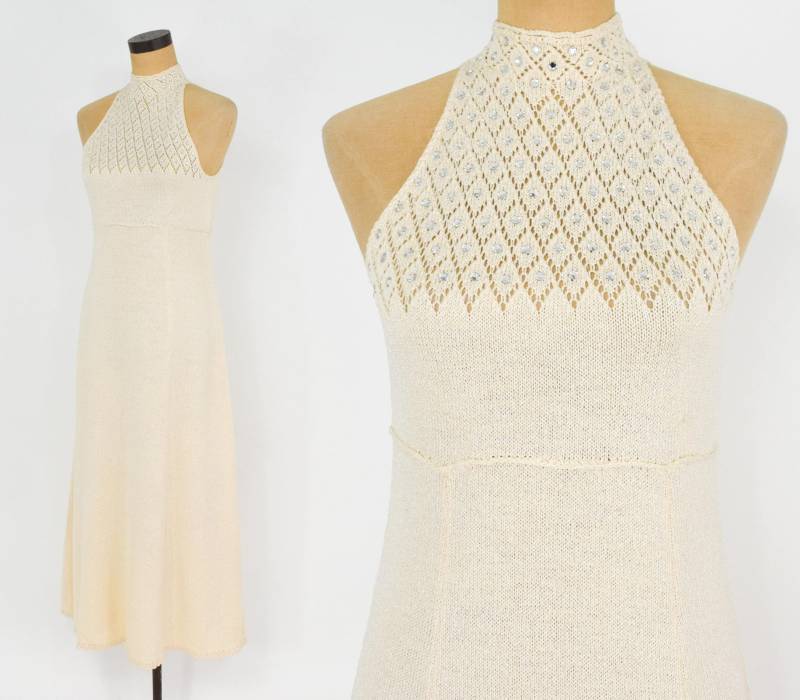1970Er Maxi Strickkleid Creme Strass-Top, | Medium von GlennasVintageShop
