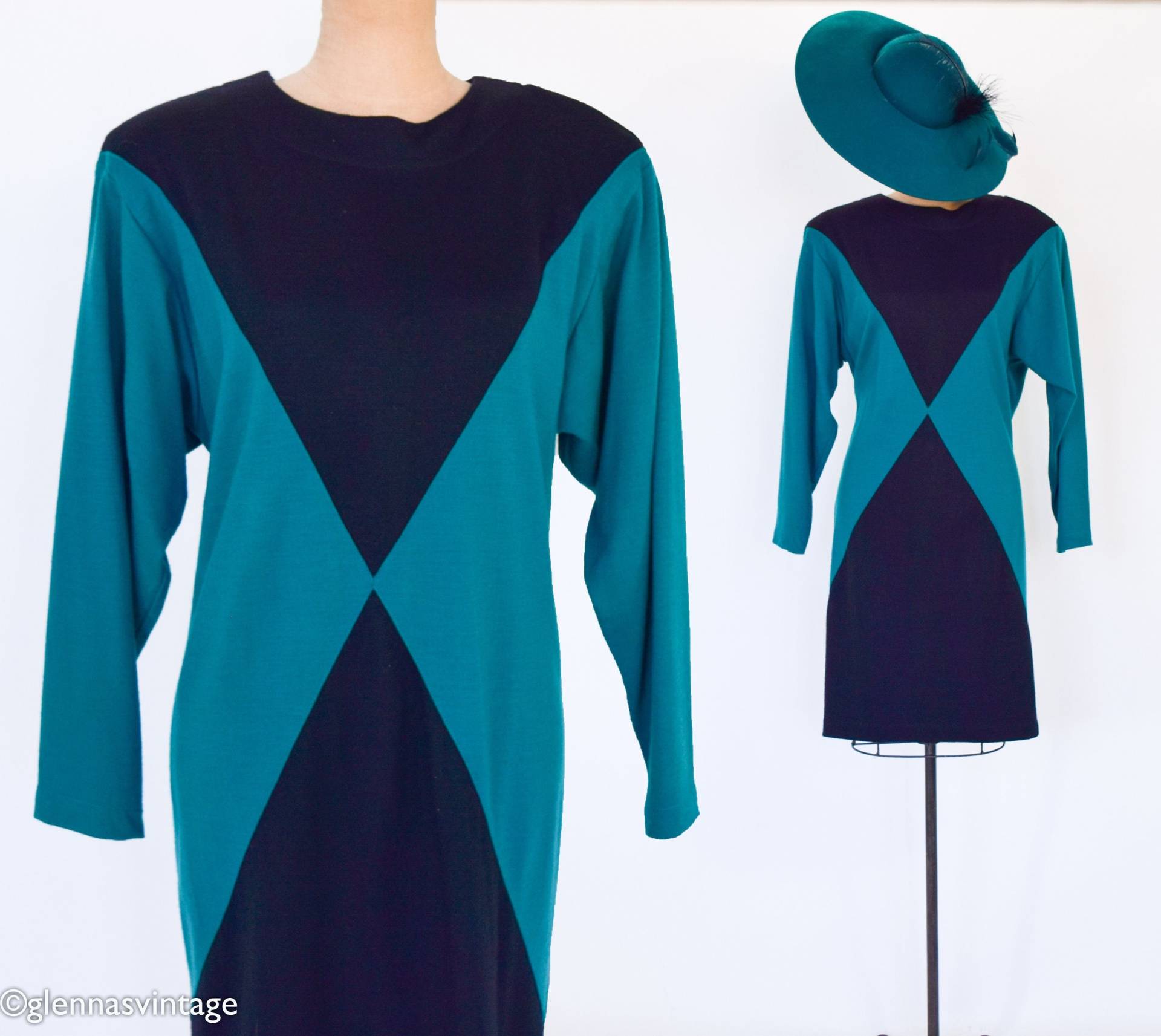 1980Er Jahre Color Block Grün Schwarzes Kleid | 80Er Strick Schwarz & Grün Karen Kane Mittel 1980Er Jahre Color Block Grün Schwarzes Kleid | 80Er Strick Schwarz & Grün Karen Kane Mittel von GlennasVintageShop