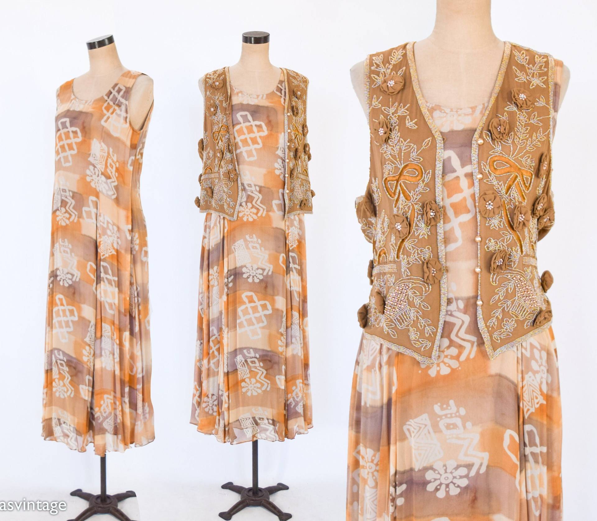 1980Er Jahre Maxi Kleid Mit Tiki-Print in Braun Und Beige | 80Er Hawaii Print Carla Freeman Braune Perlen Weste Karen Kane Mittel von GlennasVintageShop