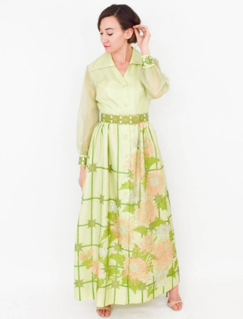 Alfred Shaheen | 1970Er Jahre Lime Grün Maxi Kleid 70Er Lang Siebdruck Print Glanz Mittel von GlennasVintageShop