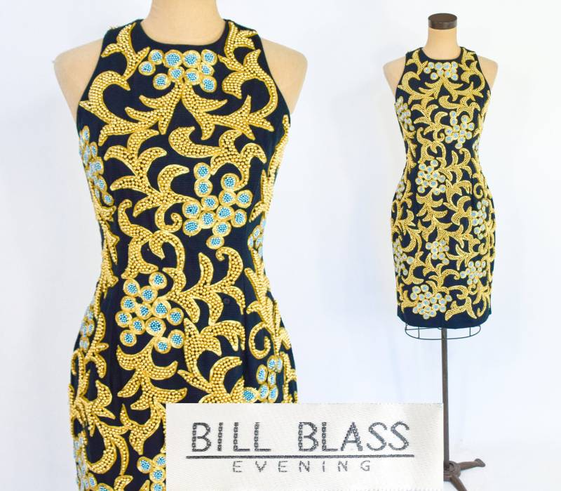 Bill Blass | 1980Er Jahre Schwarz & Gold Perlen Cocktailkleid 80Er Schwarzes Etuikleid Klein von GlennasVintageShop